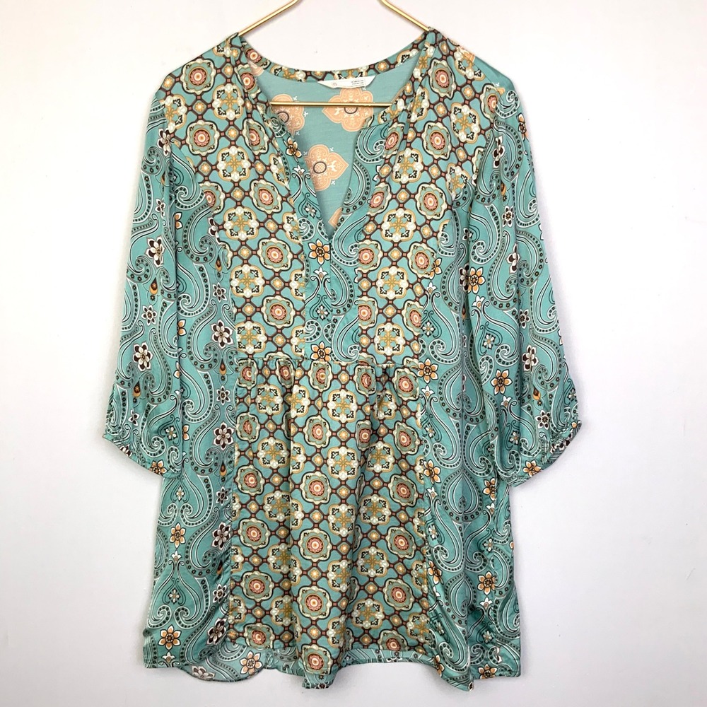 Odd Molly Sz 2/Medium Mixed Print Split Neck Tunic Blouse Top